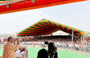 Uttar Pradesh Chief Minister Yogi Adityanath at an election rally at