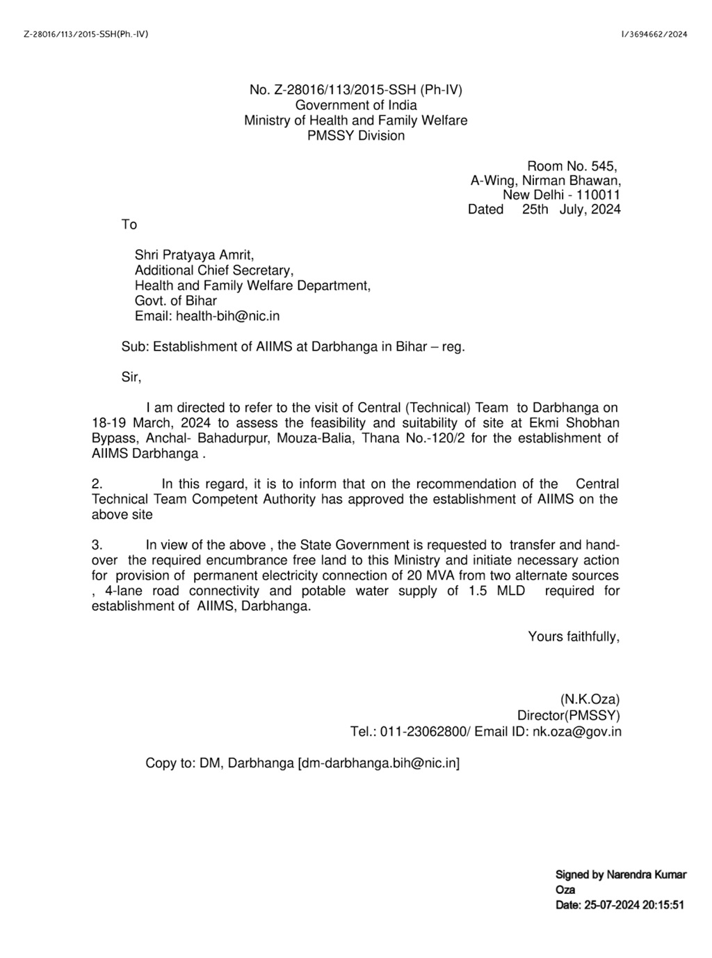 AIIMS Darbhanga letter