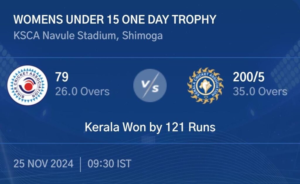 Kerala Defeats Bihar by 121 Runs in Women's Under-15 ODI Trophy