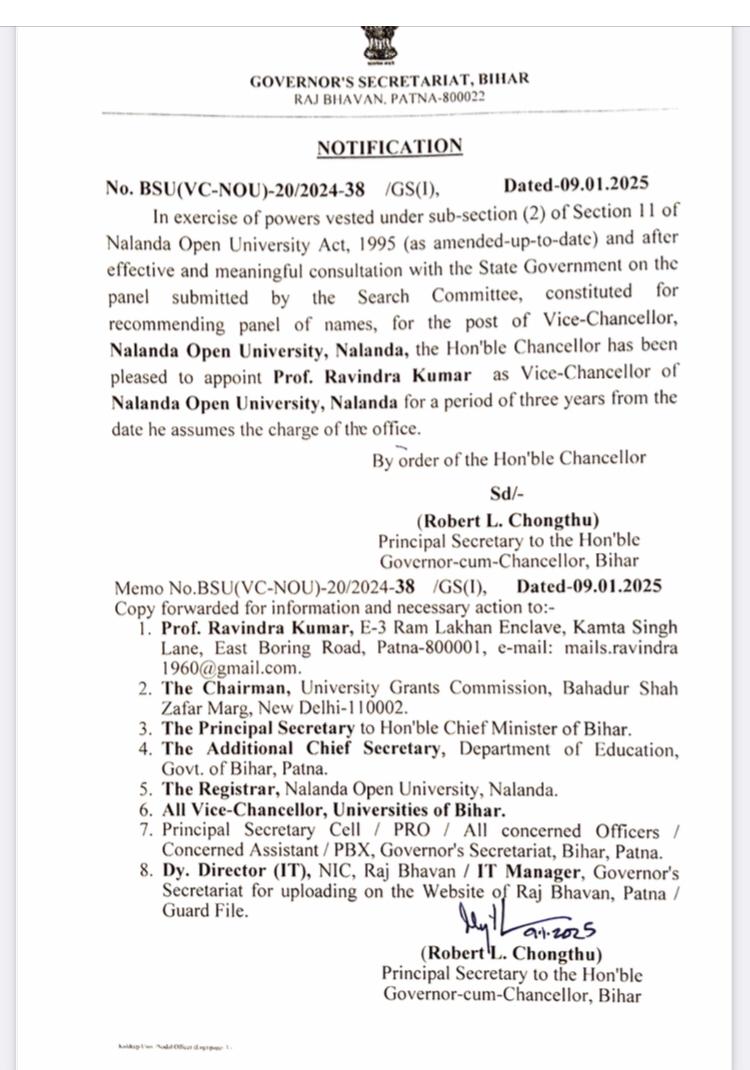 Patna: Bihar Governor Arif Mohammad Khan has appointed new vice-chancellors for four universities in the state, a move formalized through a notification issued by Raj Bhavan. Sanjay Kumar has been appointed as the Vice-Chancellor of Munger University, while Ravindra Kumar will take charge of Nalanda Open University (NOU). Indrajit Singh has been named the Vice-Chancellor of Bihar Animal Science University, and Vivekanand Singh has been assigned the role at Purnia University. 