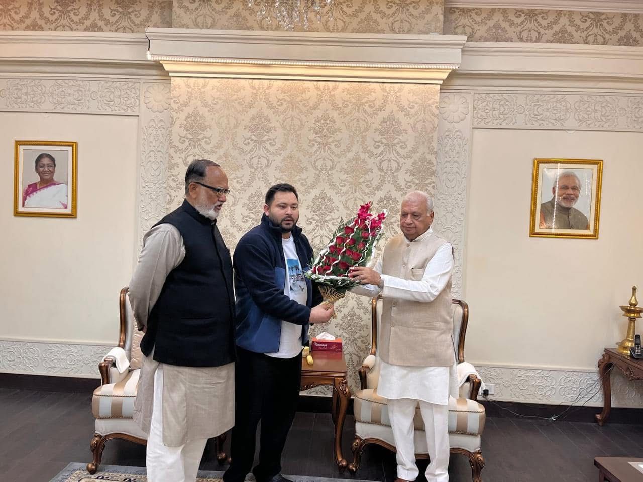 Leader of Opposition Tejashwi Prasad Yadav visited Raj Bhavan on Wednesday morning for a meeting with Governor Arif Mohammad Khan. 