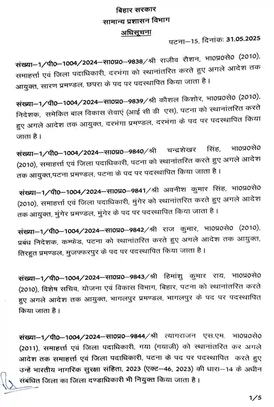 Bihar IAS Transfer: DMs Reshuffled in 18 Districts, Thiyagarajan Appointed Patna DM