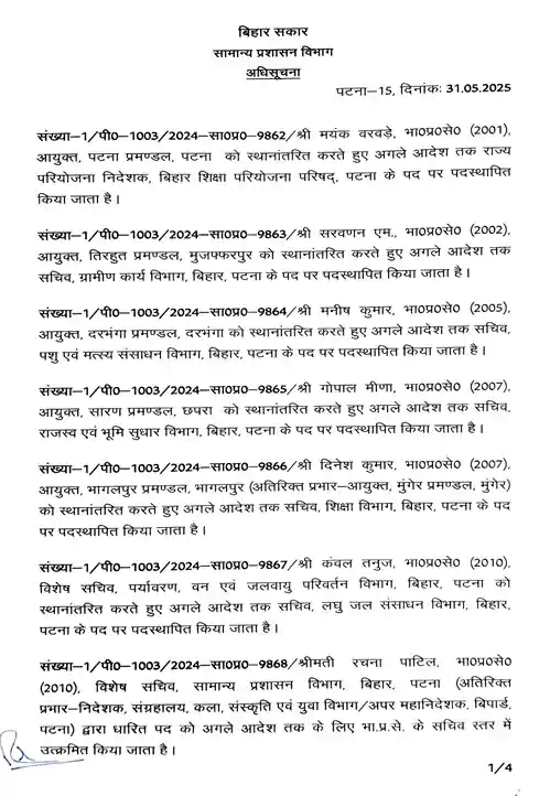 Bihar IAS Transfer: DMs Reshuffled in 18 Districts, Thiyagarajan Appointed Patna DM