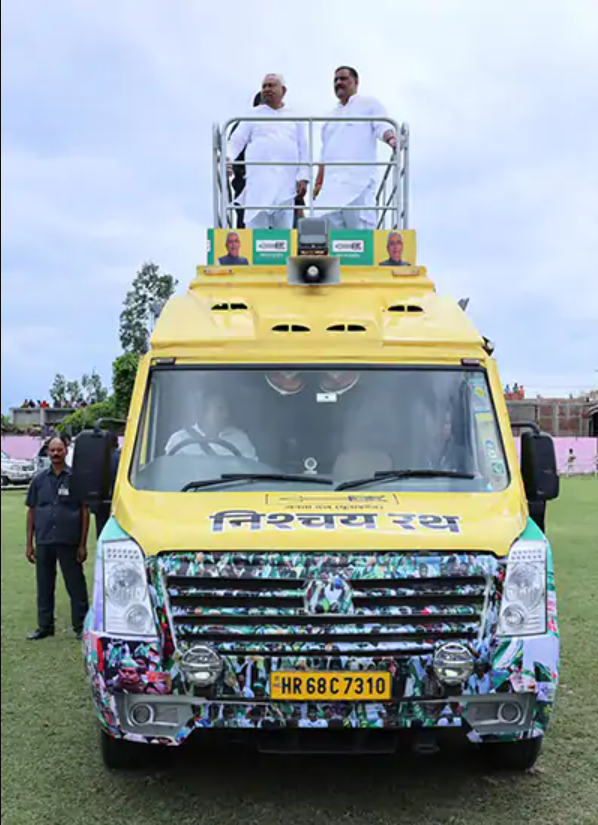 CM Nitish Kumar Reveals Luxury Election Chariot, BJP Missing from JDU’s Campaign Imagery