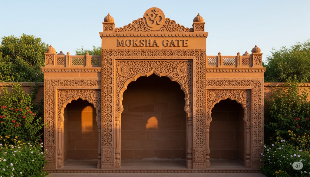 Representative Image of Patna’s first modern crematorium under construction, featuring the planned Moksha and Baikunth gates made of Dholpur stone.