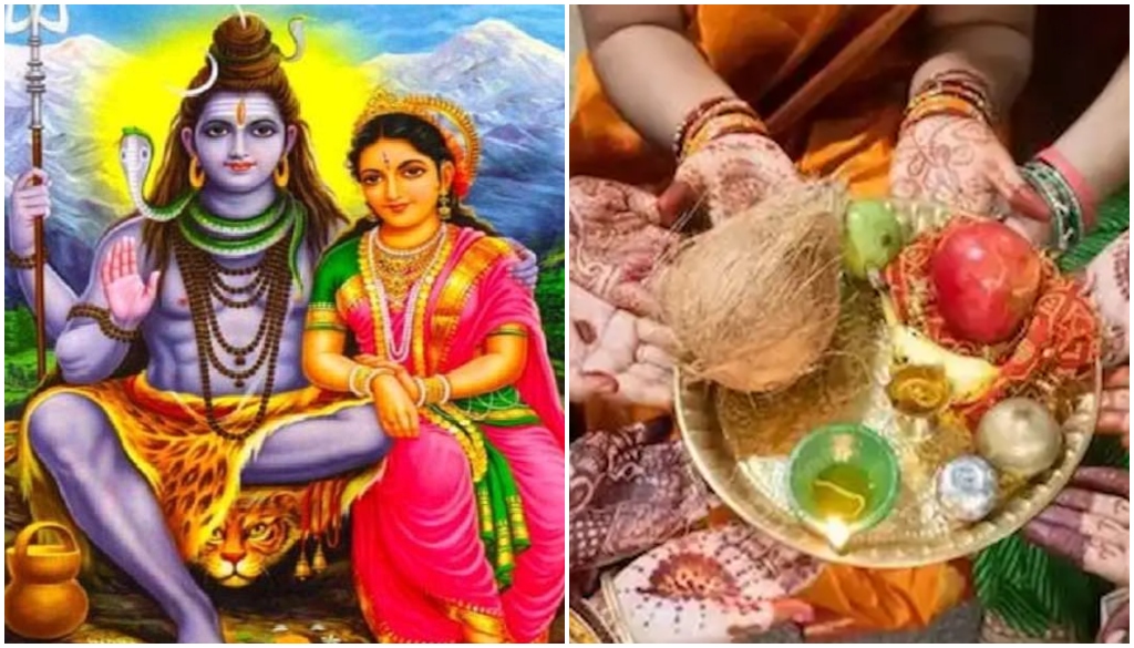 Women devotees offering 16 sacred leaves and fruits on a clay Shivling during Hartalika Teej prayers.