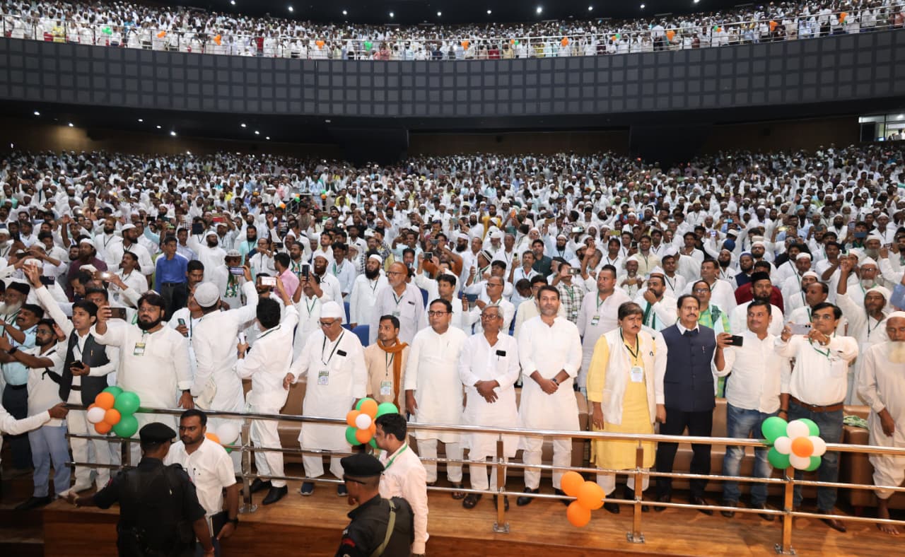 Madrasa teachers protest during Chief Minister Nitish Kumar’s address at the Bihar State Madrasa Education Board centenary event in Patna.