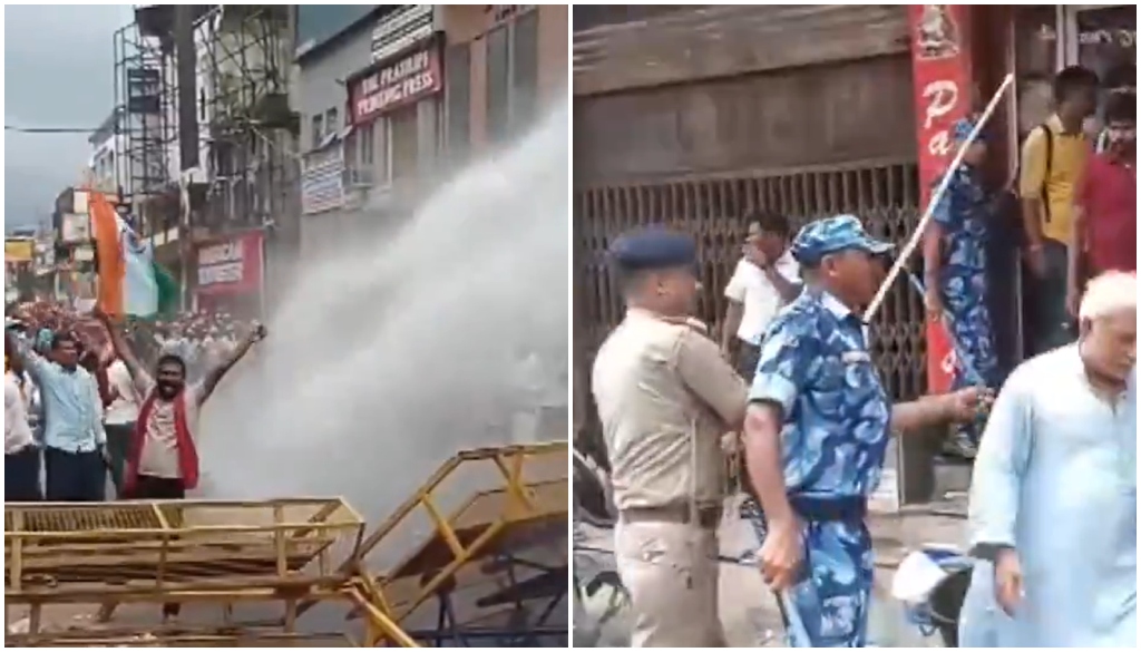Ration dealers clash with police in Patna as officers use water cannon and batons to disperse the crowd.
