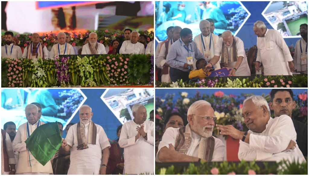 Prime Minister Narendra Modi addressing a public rally in Gaya, Bihar, announcing a new employment scheme and praising Chief Minister Nitish Kumar.