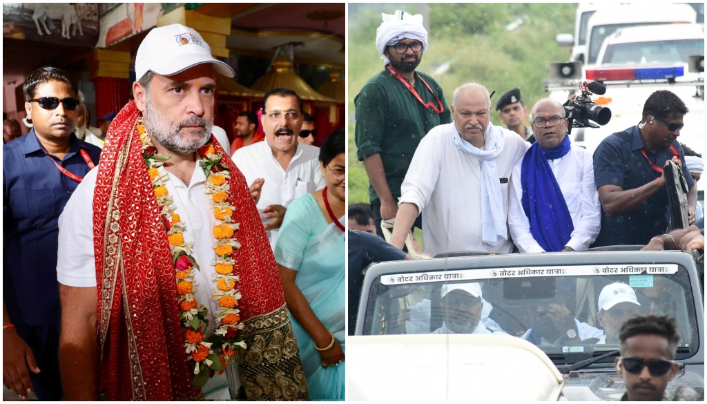 Congress leader Rahul Gandhi arriving in a closed vehicle in Motihari during the Voter Adhikar Yatra, with heightened security in place.