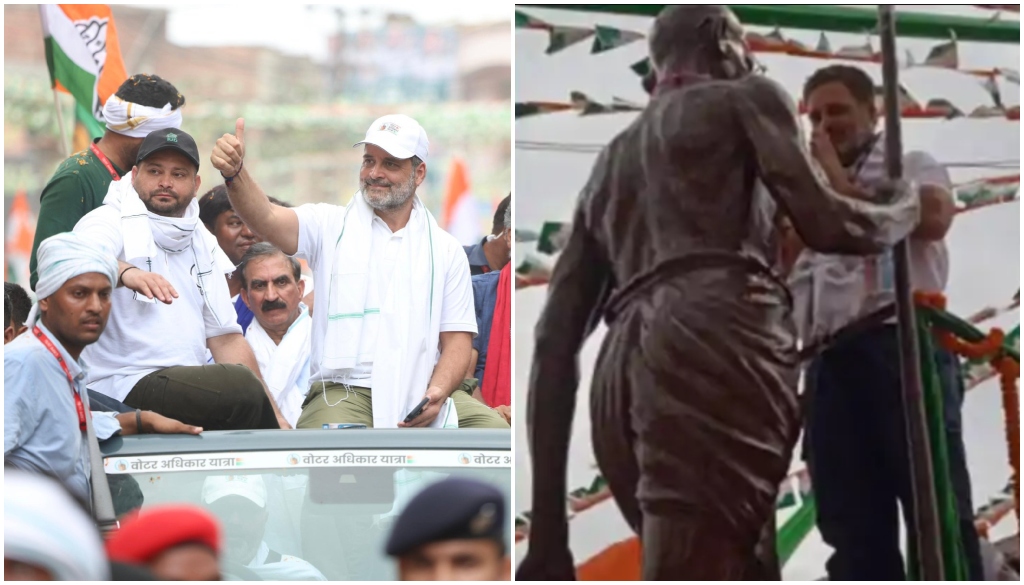 Rahul Gandhi and Tejashwi Yadav garlanding a statue of Mahatma Gandhi during the 13th day of Bihar’s Voter Rights Yatra, with crowds gathered along the route.