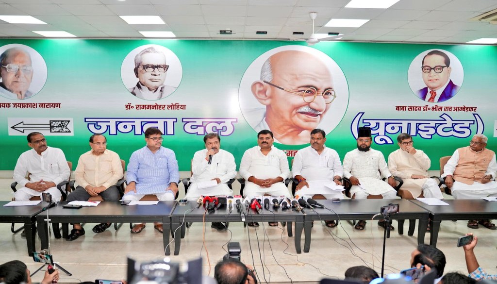 NDA leaders Umesh Kushwaha and Dilip Jaiswal addressing a press conference at the JDU office in Patna on preparations for the 2025 Bihar assembly elections.