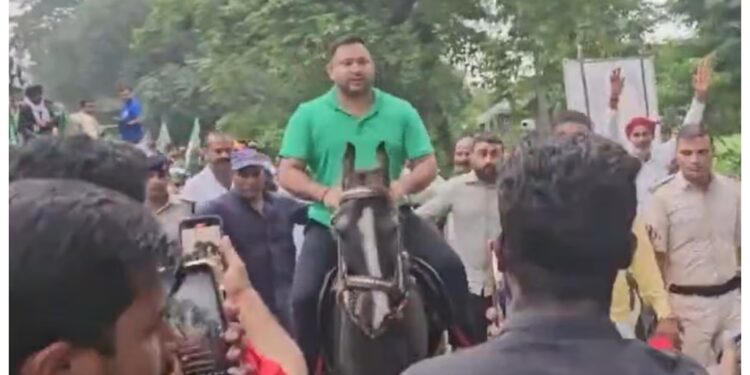 Tejashwi Prasad Yadav Rides Horse in Mokama, Accuses Nitish Kumar of ‘Copycat Governance’