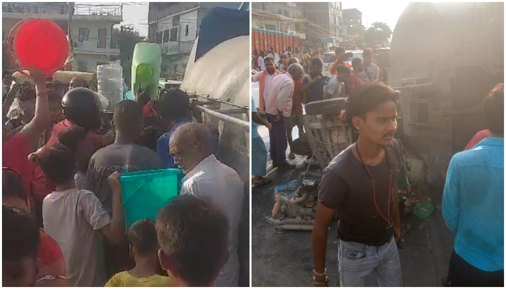 A milk tanker overturned on an auto-rickshaw in Patna, with locals collecting spilled milk using buckets.