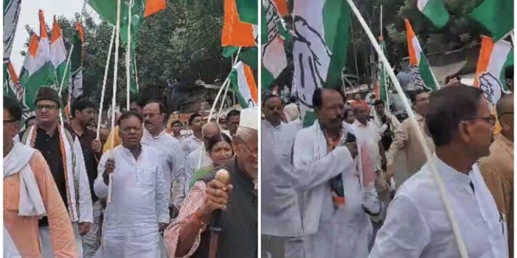 Congress leaders in Patna march against state’s alleged low-cost land deal with Adani Group, raising slogans of “Land thieves, step down!”