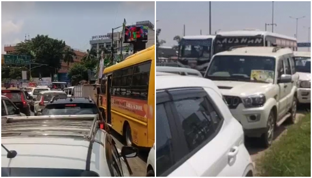 Vehicles stuck in a long traffic jam on JP Ganga Path in Patna due to road closures for Rahul Gandhi’s Voter Rights Yatra.