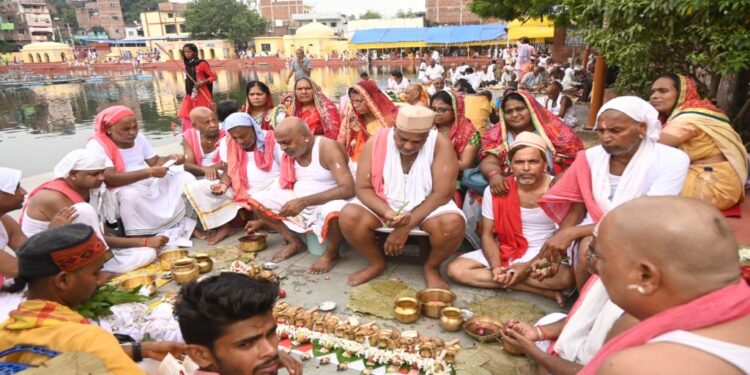 Devotees performing rituals and donating cows at the Vaitarani Vedi in Gaya during the 14th day of the Pitru Paksha fair.