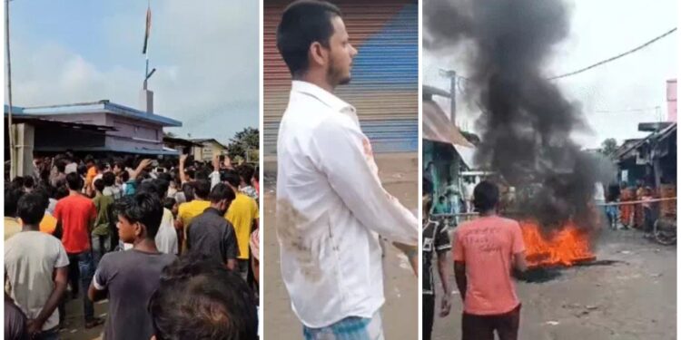 Police firing warning shots to control a crowd outside a temple in Purnia after Durga idols were vandalized.