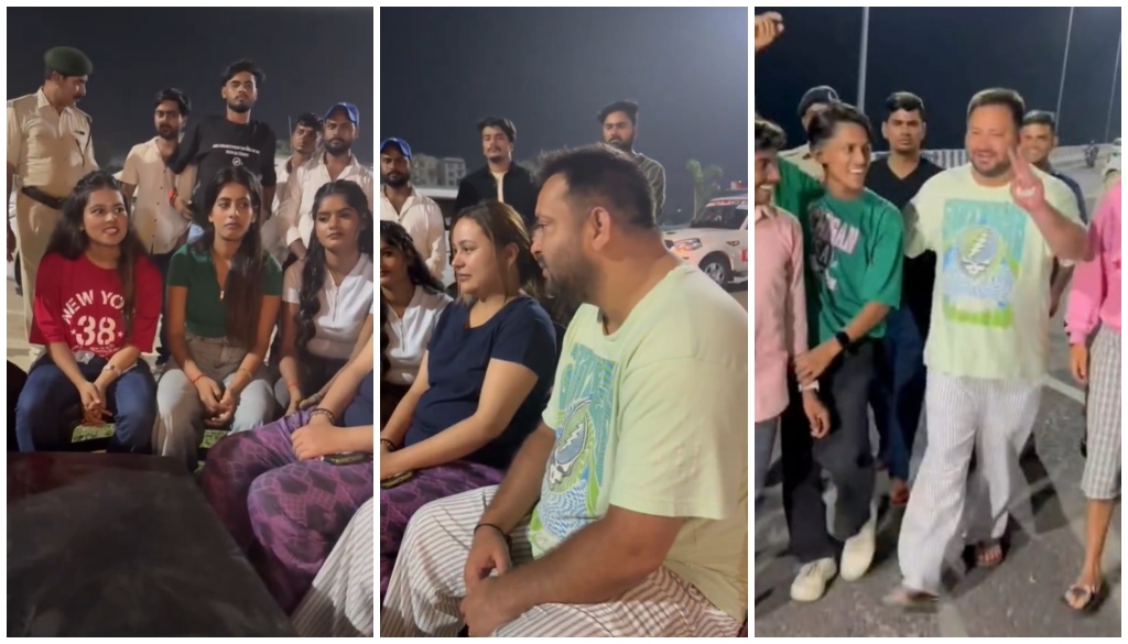 Tejashwi Yadav with wife Rajshree and sister Rohini interacting with youths and relaxing on Patna’s Marine Drive after concluding the Voter Rights Yatra.