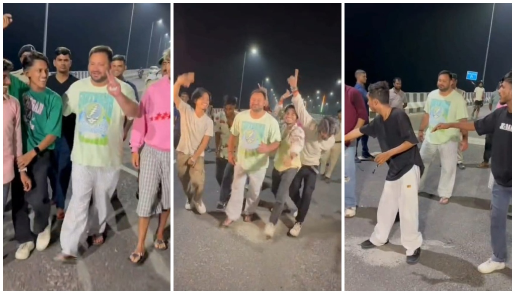 Tejashwi Yadav dances with youths on Patna’s Marine Drive to a Lalu Yadav song during election season.