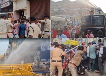 Candidates clash with police in Patna during TRE-4 recruitment protest, with officers using batons and water cannons to disperse the crowd.