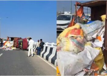 Cargo Vehicle Overturns on Patna’s JP Setu, Leaving Driver Critically Injured and Traffic Briefly Disrupted