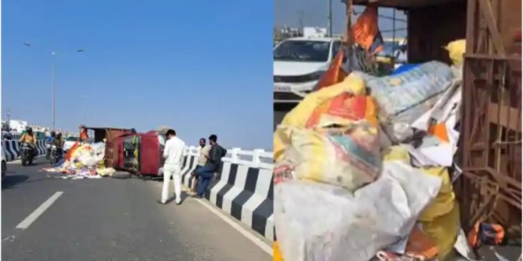 Cargo Vehicle Overturns on Patna’s JP Setu, Leaving Driver Critically Injured and Traffic Briefly Disrupted