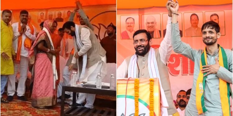 Haryana Chief Minister Saini Touches Deputy Sarpanch Geeta Rajwar’s Feet, Says “The Grand Alliance Leaders’ Car Has No Air” at Vishal Prashant Rally