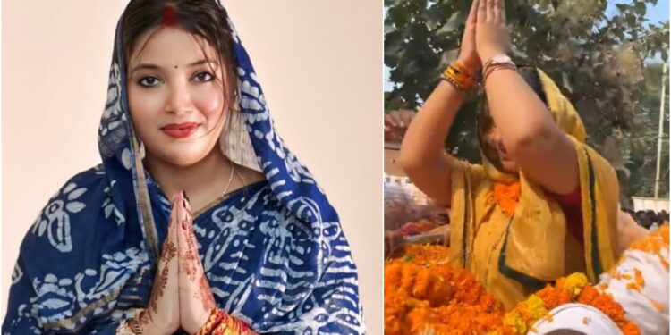 After Filing Her Nomination, Jyoti Singh Holds Grand Roadshow in Karakat with Temple Visit, Flower Showers, and Selfie Rush.
