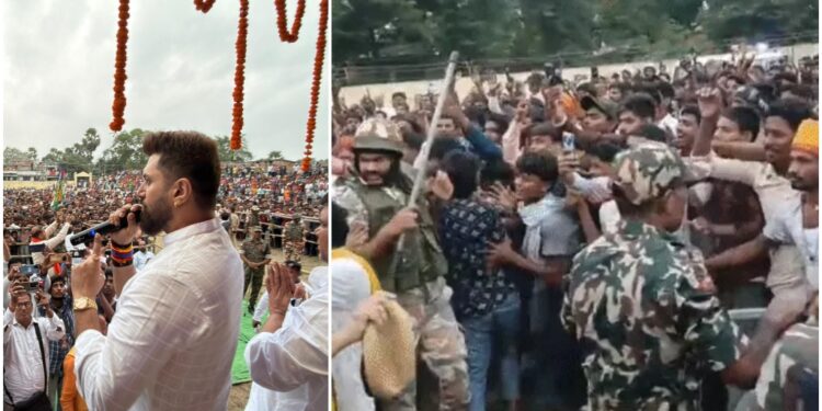 Police Lathi-Charge in Front of Chirag Paswan as Crowd Goes Out of Control for Photos; Union Minister Orders “Don’t Use Batons”