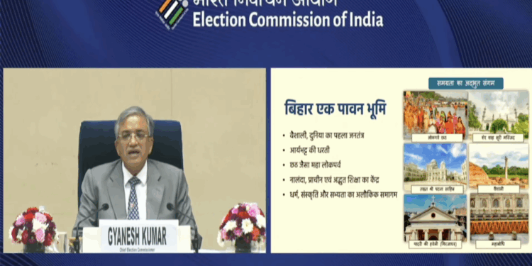 Chief Election Commissioner Gyanesh Kumar addressing a press briefing in New Delhi.