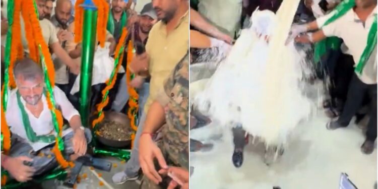 Bihar Election 2025: Khesari Lal Yadav Showered with 400 Litres of Milk and Weighed with Coins in Chhapra