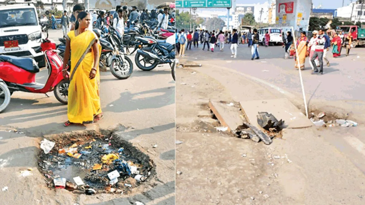 Damaged Road Near Patna Junction Roundabout Puts Commuters at Risk