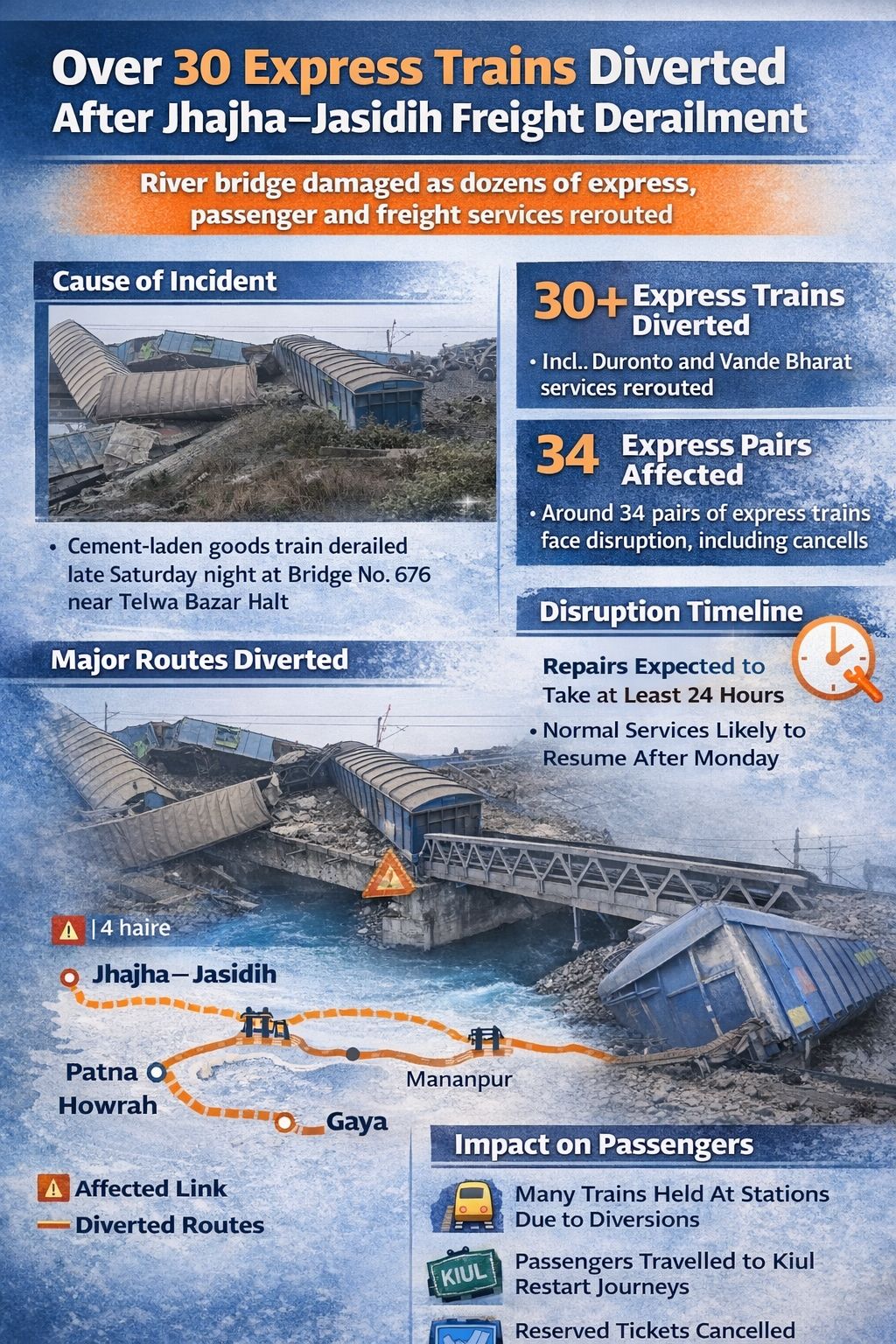 34 Pairs of Trains Disrupted as Duronto and Vande Bharat Rerouted After Freight Derailment in Jamui