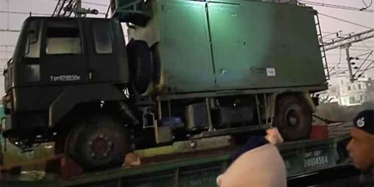 Truck Loaded on Military Train Brushes Overhead Power Line Near Muzaffarpur, Disrupting Rail Services