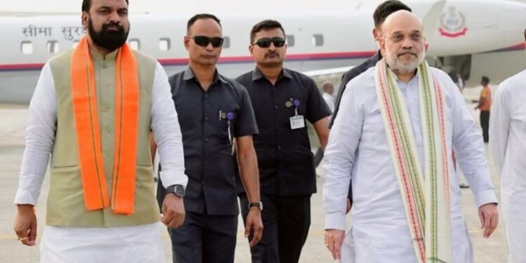 Samrat Choudhary, Nityanand Rai and Dilip Jaiswal receive Amit Shah at Kishanganj airport during his official visit.