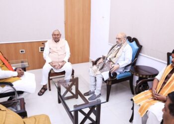 Nitish Kumar with Amit Shah, Nitin Nabin and Samrat Chaudhary