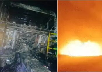 Police Narrowly Escape After Dumper Truck Rams Dial 112 Vehicle and Bursts Into Flames in Patna