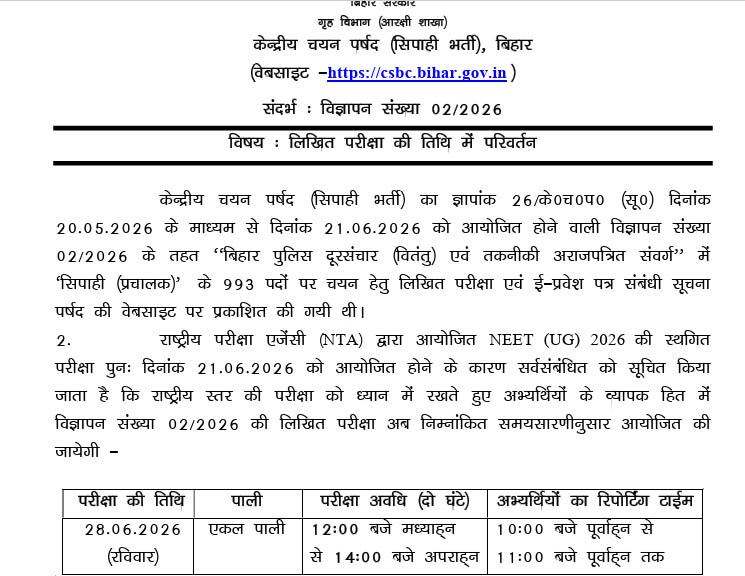 Bihar Police Constable Recruitment Exam Rescheduled to June 28 Due to Clash with NEET UG Re-Exam