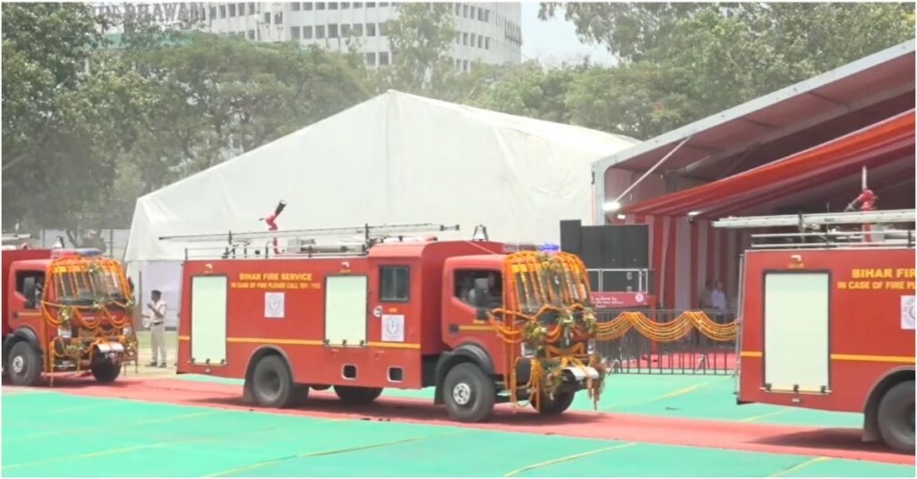 CM Samrat Choudhary Flags Off 80 High-Tech Fire Brigade Vehicles at Gandhi Maidan in Patna