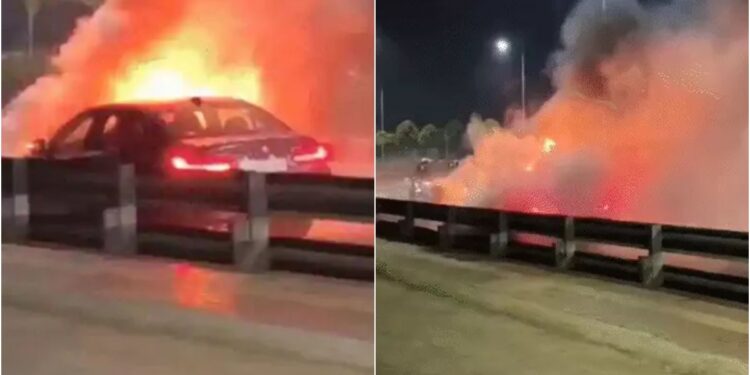 BMW Catches Fire on Patna Marine Drive; Luxury Car Reduced to Ashes in Late-Night Blaze