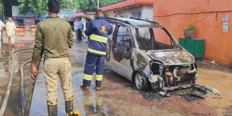 Car Catches Fire Near CNG Fuel Station, Firefighters Prevent Bigger Disaster