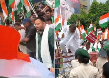Tejashwi Leads Raj Bhavan March In Patna, Police Use Water Cannons After Barricades Breached