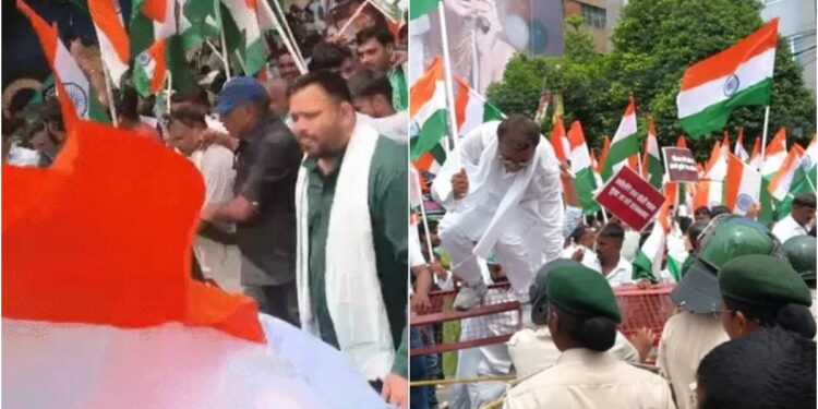 Tejashwi Leads Raj Bhavan March In Patna, Police Use Water Cannons After Barricades Breached