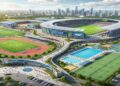 AI-generated concept image of a proposed modern sports complex and cricket stadium in Darbhanga, Bihar.