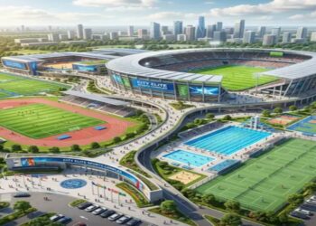 AI-generated concept image of a proposed modern sports complex and cricket stadium in Darbhanga, Bihar.