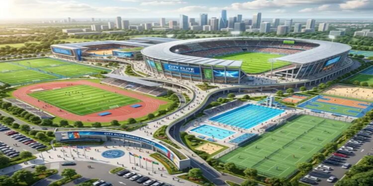 AI-generated concept image of a proposed modern sports complex and cricket stadium in Darbhanga, Bihar.