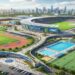 AI-generated concept image of a proposed modern sports complex and cricket stadium in Darbhanga, Bihar.