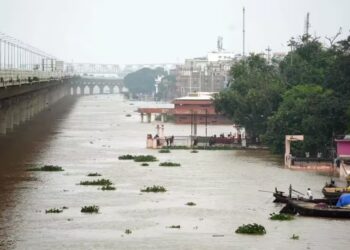 Ganga river flowing at an elevated level in Patna during the flood situation