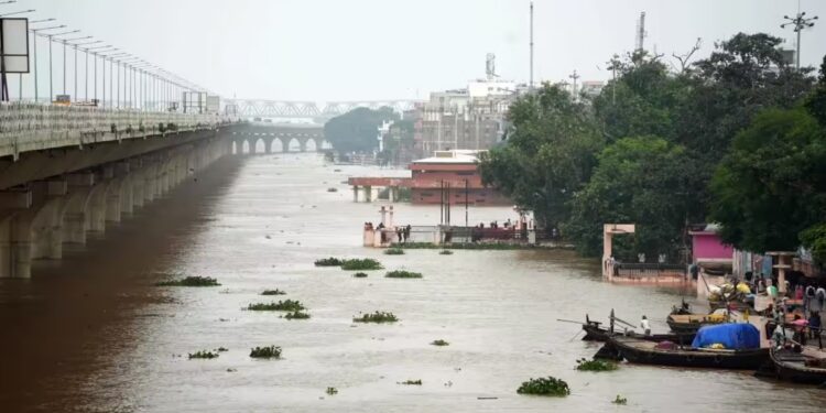 Ganga river flowing at an elevated level in Patna during the flood situation